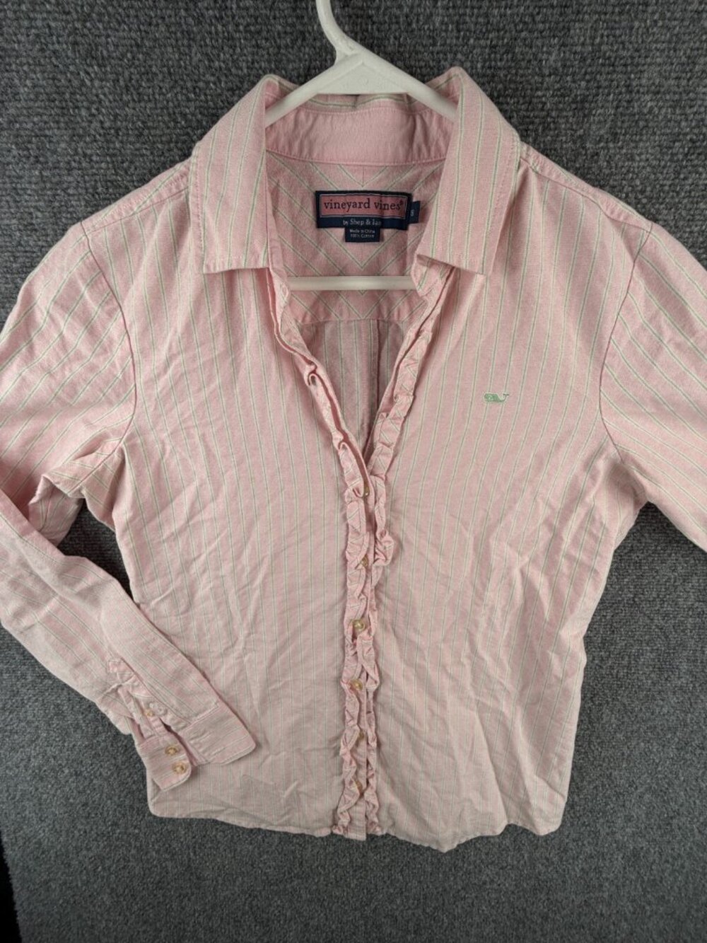 Vineyard Vines Women Ruffled Oxford Button Up Shirt Striped Pink Green Size 8